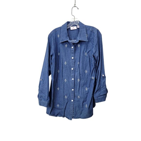 Quacker Factory Denim Button-Down Shirt With Rhinestone Embellishments Women's M - Picture 1 of 5